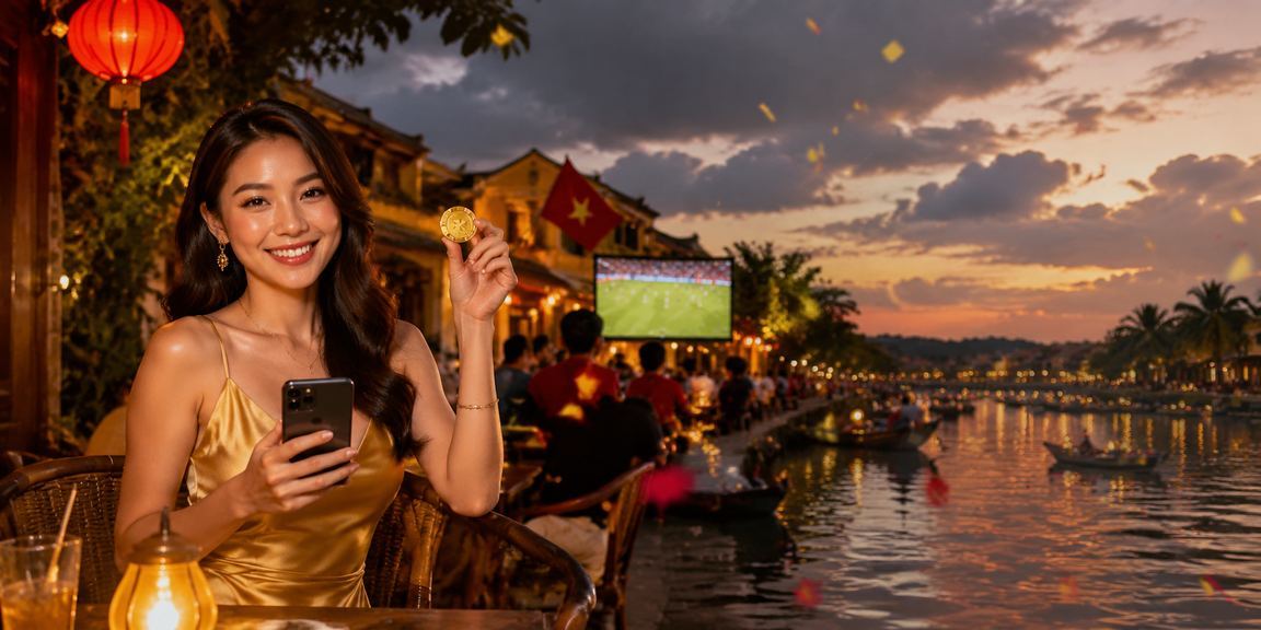 Người dùng tại Hội An ngồi tại quán cà phê và dùng điện thoại truy cập casino trực tuyến